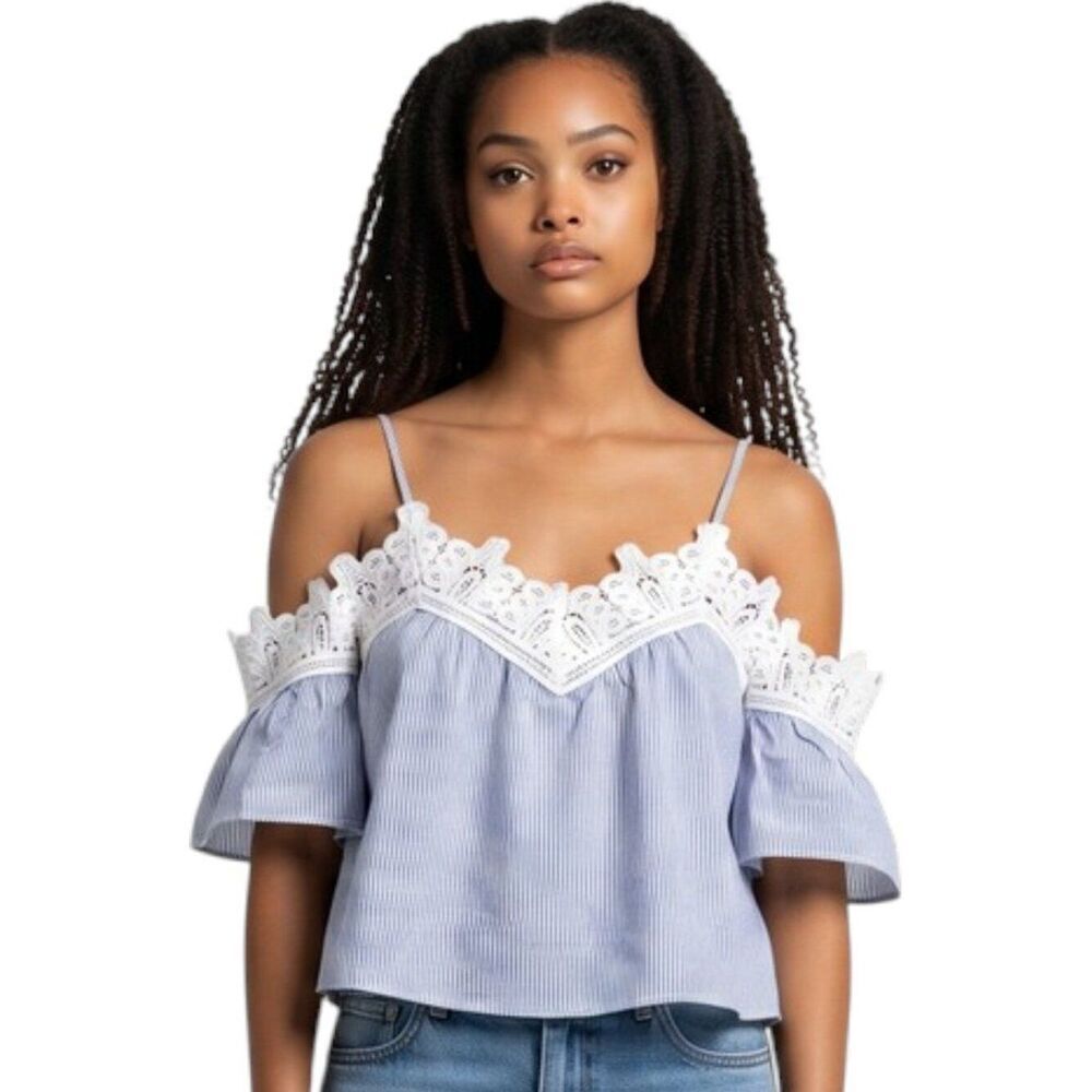 SEEK The Label Cold Shoulder Crop Top Lace Trim Bell Sleeve Striped Blue Size M
